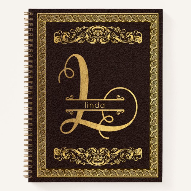 Carnet Lettre d'or L & Nom sur le cuir Brown Monogramme (Devant)
