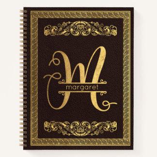 Carnet Lettre d'or M & Nom sur le cuir Brown Monogramme