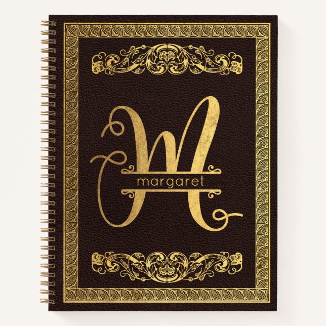 Carnet Lettre d'or M & Nom sur le cuir Brown Monogramme (Devant)