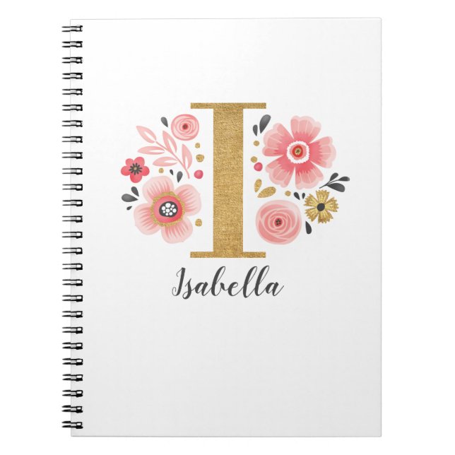 Carnet LETTRE I MONOGRAPHIQUE Florale D'OR Rose (Devant)