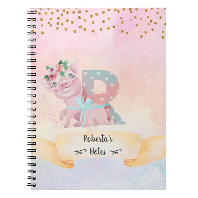 Carnet Lettre monogramme R Cute Pig Girl Daily Study (Devant)