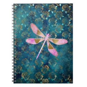Carnet Libellule rose d'or sur l'arrière - plan floral de