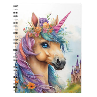 Carnet Licorne aquarelle de rêve avec château et fleurs