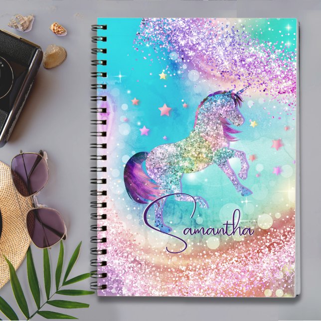 Carnet Licorne mignonne monogramme arc-en-ciel paillettes (Créateur téléchargé)