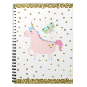 Carnet Licorne rose et or paillettes confettis points fil