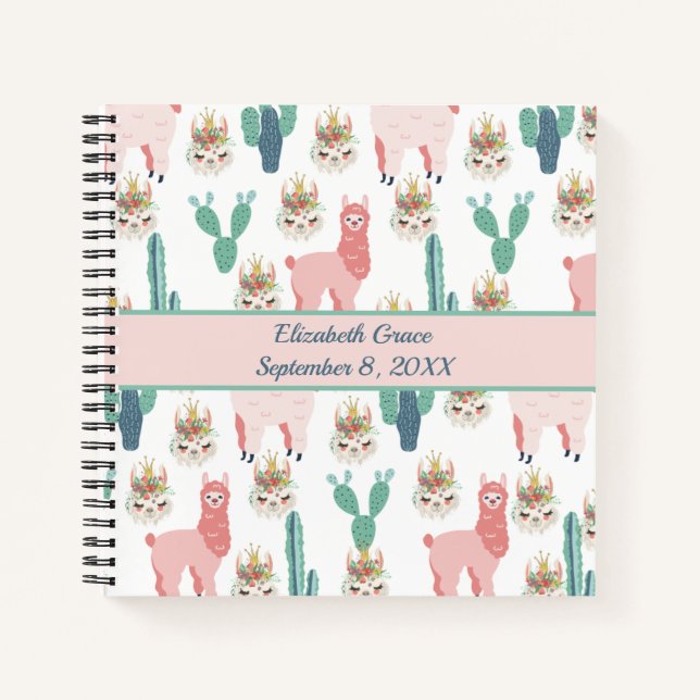 Carnet Llamas roses personnalisés et cactus vert mignons (Devant)