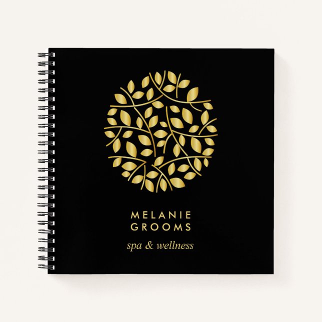 Carnet Logo Gold Feuille | Noir | Monogramme personnalisé (Devant)