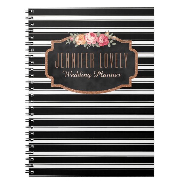 Carnet L'or rose Girly B&W barre | votre monogramme nommé (Devant)