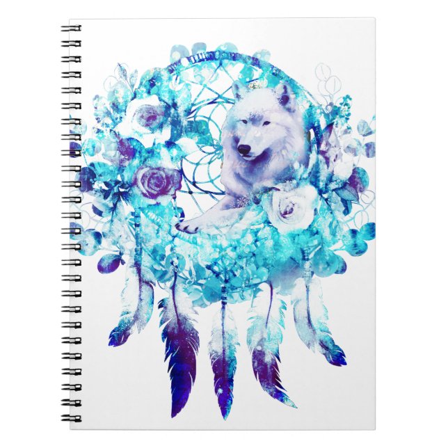Carnet Loup blanc Dreamcatcher bleu violet Floral (Devant)