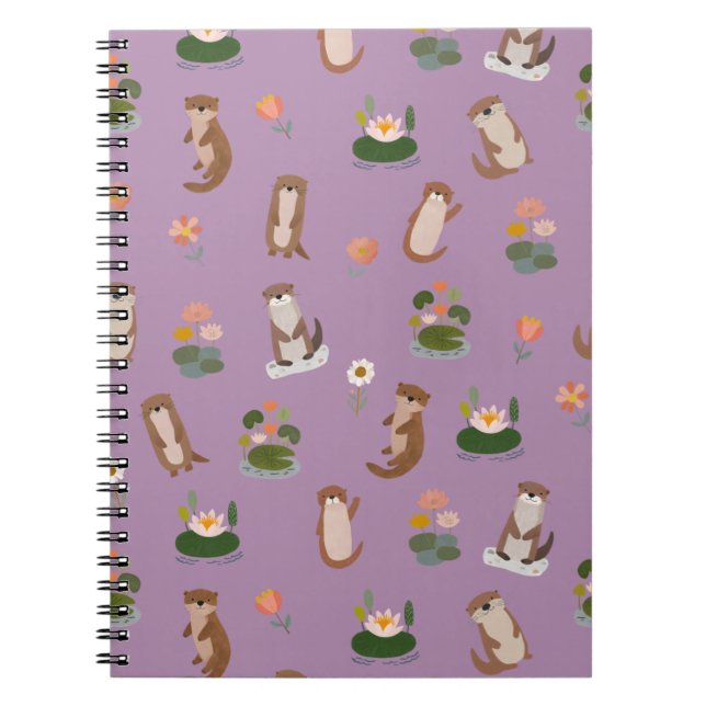 Carnet Loutres et nénuphars sur fond violet clair (Devant)
