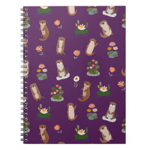 Carnet Loutres et nénuphars sur fond violet foncé