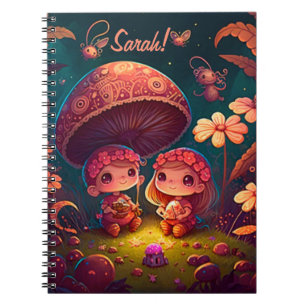 Carnet Lovely cute elves play under mushrooms