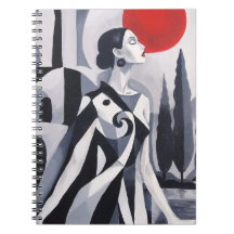 Lune écarlate : Femme stylisée dans un paysage mon