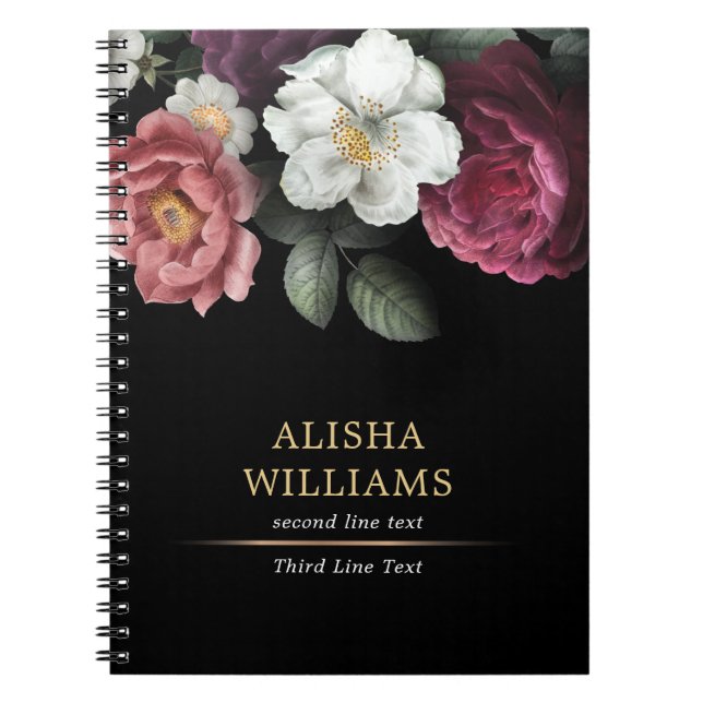 Carnet Luxe floral personnalisé noir (Devant)