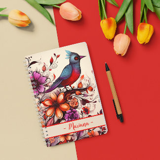 Carnet Magnifique oiseau rouge et nom floral personnalisé
