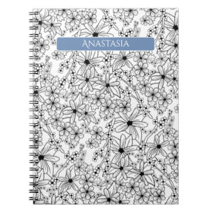 Carnet Main dessinée Floral Blanc Noir Motif & Bleu Nom