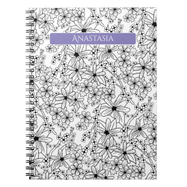 Carnet Main tiré Floral Blanc noir Motif pourpre Nom (Devant)