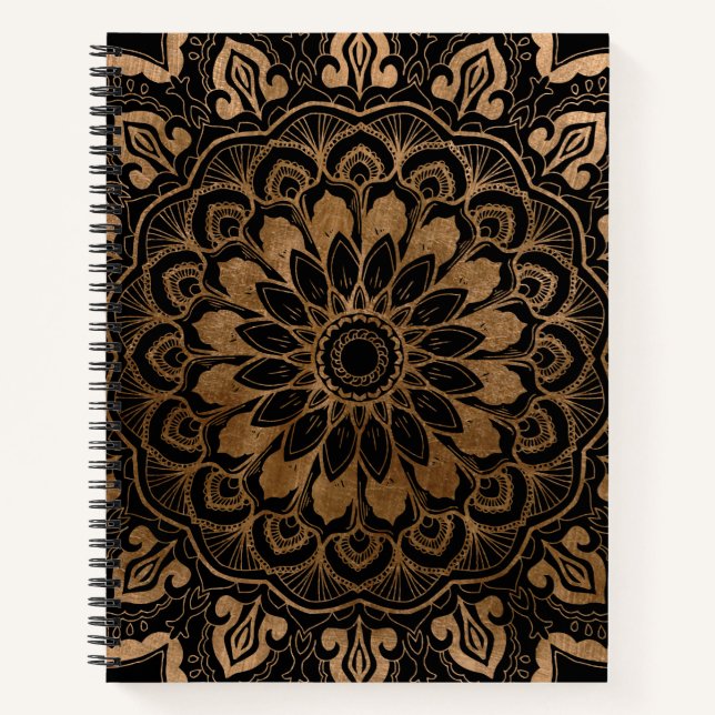 Carnet Main tirée florale Mandala Faux Gold sur noir (Devant)