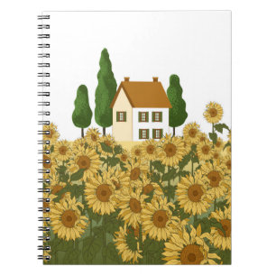 Carnet Maison, grands arbres et un champ de tournesols da
