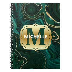 Carnet Malachite vert foncé et feuille d'or avec veines s