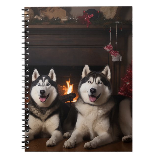 Carnet Malamute en Alaska près de la cheminée Noël (Devant)
