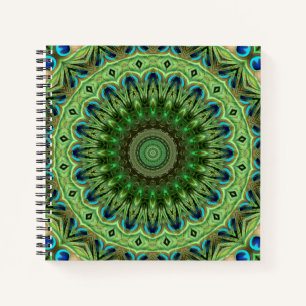 Carnet Mandala à plume de paon Émeraude et symétrie bleue