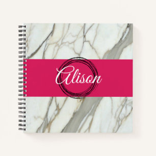 Carnet Marbre blanc et rose fuchsia nom personnalisé girl