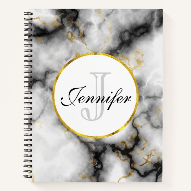 Carnet Marbre blanc moderne avec Monogramme de ruban or (Devant)