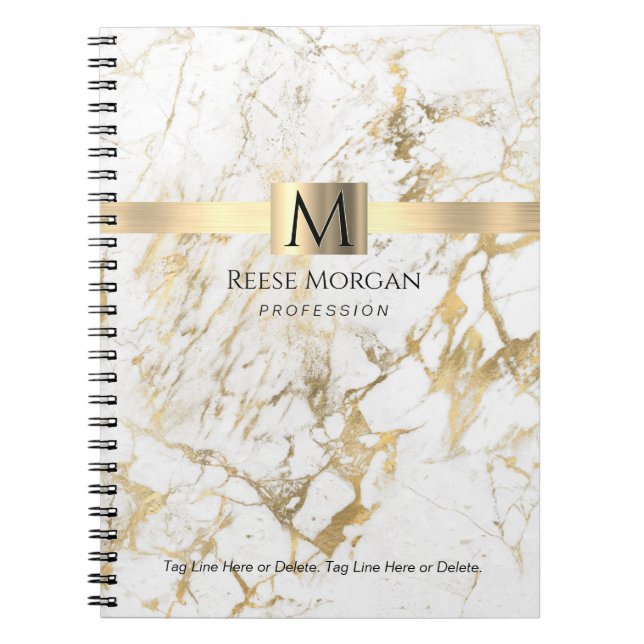 Carnet Marbre blanc/or, nom et monogramme, profession (Devant)