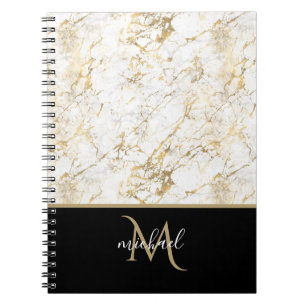 Carnet Marbre doré et blanc avec luxe de monogramme noir