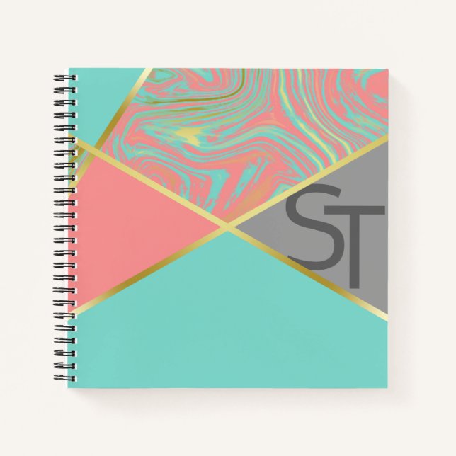 Carnet Marbre moderne Mint Corail Pastel Or Monogramme (Devant)