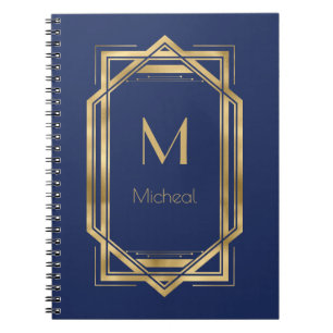 Carnet Marine bleu et or géométrique   Monogramme et nom