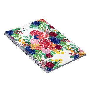 Carnet Marine bleu et rouge aquarelle boho chic Fleurs