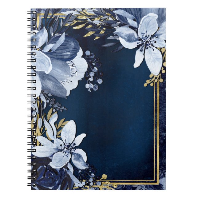 Carnet Marine Bleu & Or Elégant Aquarelle Moderne Floral (Devant)
