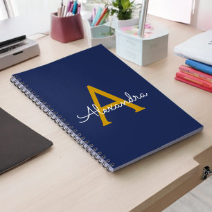 Carnet Marine Blue Gold Modern Script Girl Monogramme Nom
