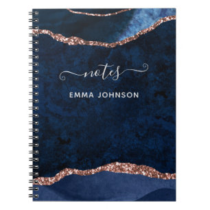 Carnet Marine Blue Rose Gold Agate Géode Nom Aquarelle