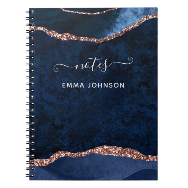 Carnet Marine Blue Rose Gold Agate Géode Nom Aquarelle (Devant)