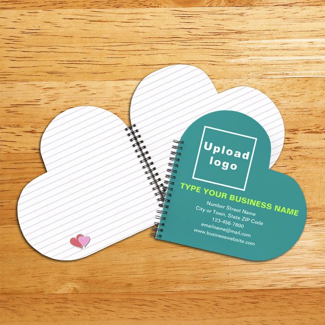 Carnet Marque d'entreprise sur Turquoise vert forme coeur (Build brand name awareness. Your business brand on teal green heart shape spiral notebook.)