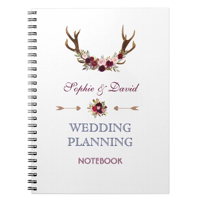 Carnet Marsala Floral Antlers Wedding planner de marine (Devant)