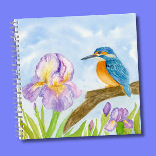 Carnet Martin-pêcheur à l'aquarelle avec iris violets 