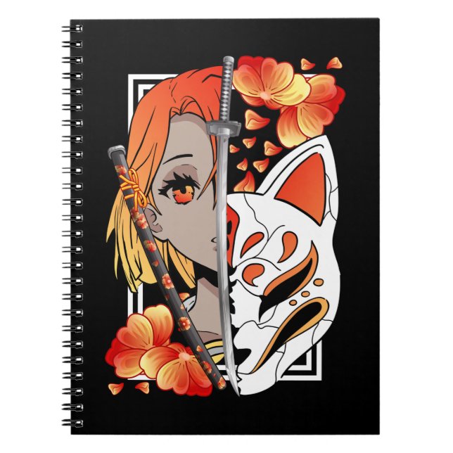 Carnet Masque Japonais Anime Girl Samurai Fleurs d'épée (Devant)