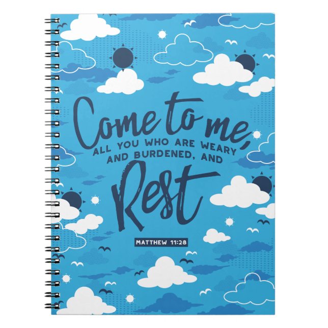 Carnet Matthew 11 Bible Verse and Blue Cloud Sky Pattern (Devant)
