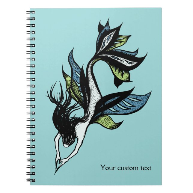 Carnet Mermaid gothique Beau dessin d'encre bleue verte (Devant)