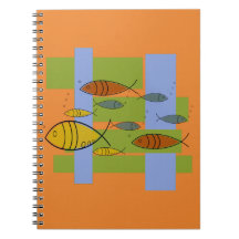 Mid Century Moderne Retro Poissons Nage sur Orange