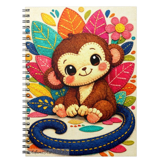 Carnet Mignon singe en feutre avec des feuilles florales  (Devant)