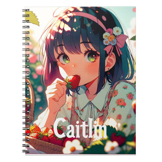 Carnet Mignonne Anime Girl Mange des fraises | Jour d'été (Devant)