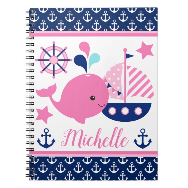 Carnet Mignonne baleine rose marine et Motif Ancres (Devant)