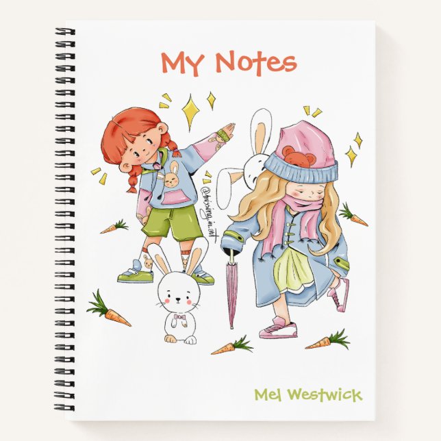 Carnet Mignonne lapin et filles Mes notes ÉDITABLE (Devant)