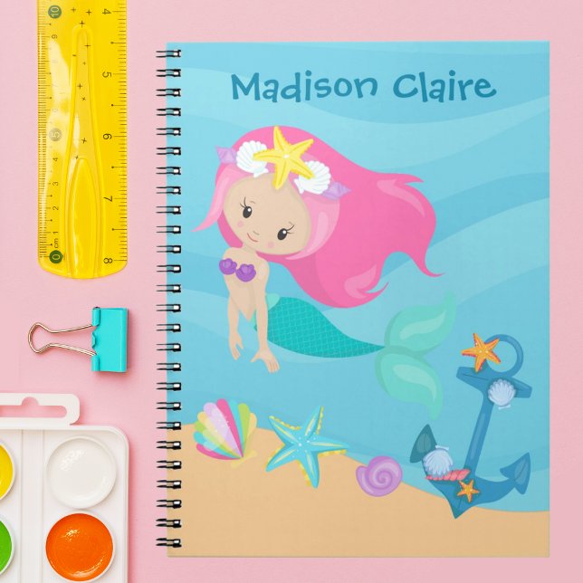 Carnet Mignonne Mermaid Beach Girl Cheveux Rose Enfants P (Créateur téléchargé)