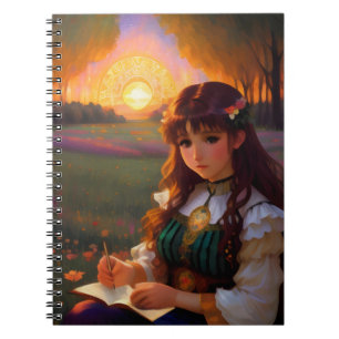 Carnet Mignonne Sad Anime Style Femme dans le pré au couc